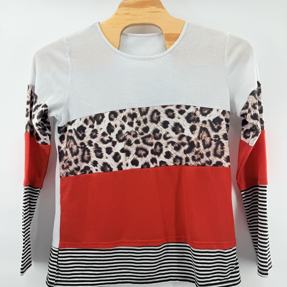 Animal Print Leopard Stripes Colorblock Top XL Long Sleeve Casual Pullover
